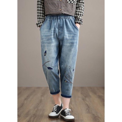 Unique Spring Trousers Casual Denim Blue Wardrobes Elastic Waist Leaf Pant