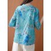 Vintage Blue Stand Collar Print Button Tops Spring