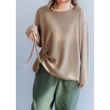 Chunky o neck khaki knit sweat tops fall fashion drawstring knit