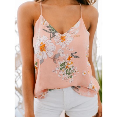 Casual Floral Print V  neck Sleeveless Holiday Wild Tank Top