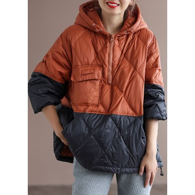 Boho Orange Patchwork Black hooded Loose Winter Down coat