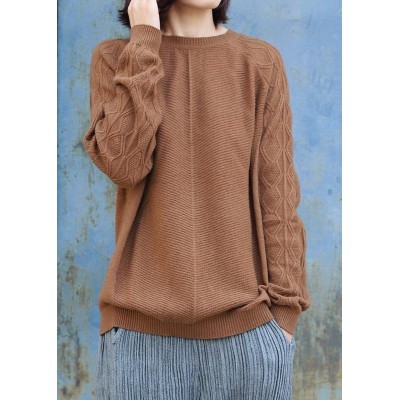 Vintage o neck cable khaki knit sweat tops plus size side open Sweater Blouse
