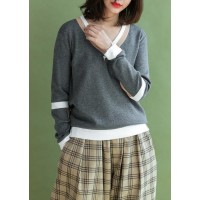 Pullover v neck gray knit tops plus size patchwork knitted clothes