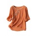 Women Orange V Neck tie waist Embroideried Linen Shirt Top Spring