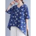 French Blue V Neck Print asymmetrical design Fall Half Sleeve Shirt Top