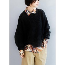 Cozy black knitted t shirt open hem oversized winter knit sweat tops