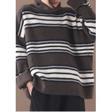 Pullover khaki striped knitted clothes plus size winter knitted blouse high neck