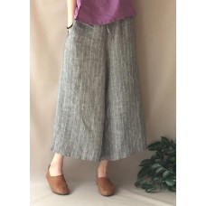French Summer Women Pants Vintage Gray Striped Fabrics Pockets Pant
